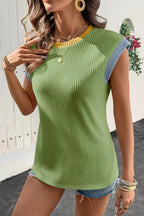 Contrast Trim Ribbed Knit Sleeveless Top - Plush Fashion Hub