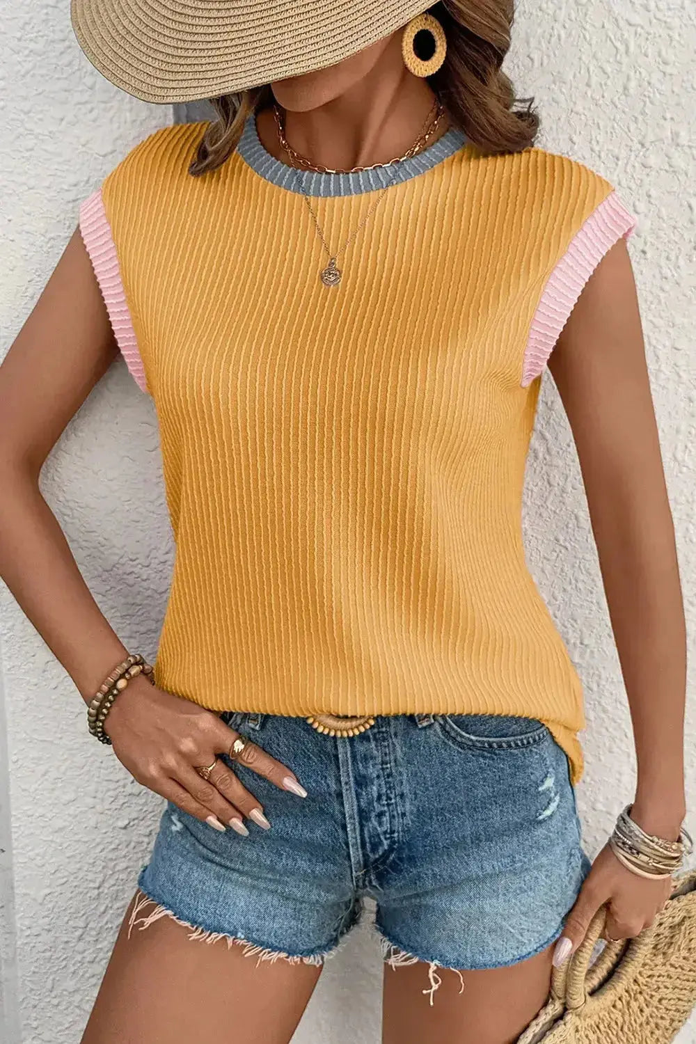 Contrast Trim Ribbed Knit Sleeveless Top - Plush Fashion Hub
