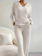Ribbed Knit V-Neck Top and Pants Set - Plush Fashion Hub