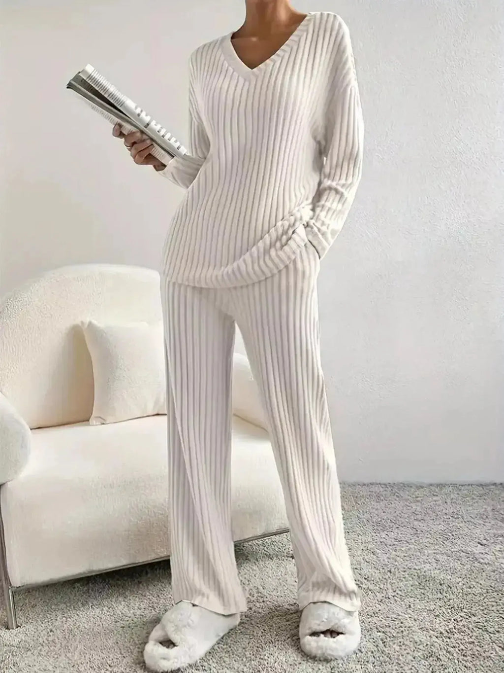 Ribbed Knit V-Neck Top and Pants Set - Plush Fashion Hub