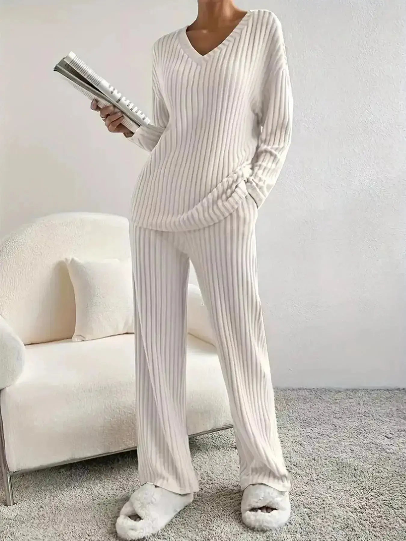 Ribbed Knit V-Neck Top and Pants Set - Plush Fashion Hub