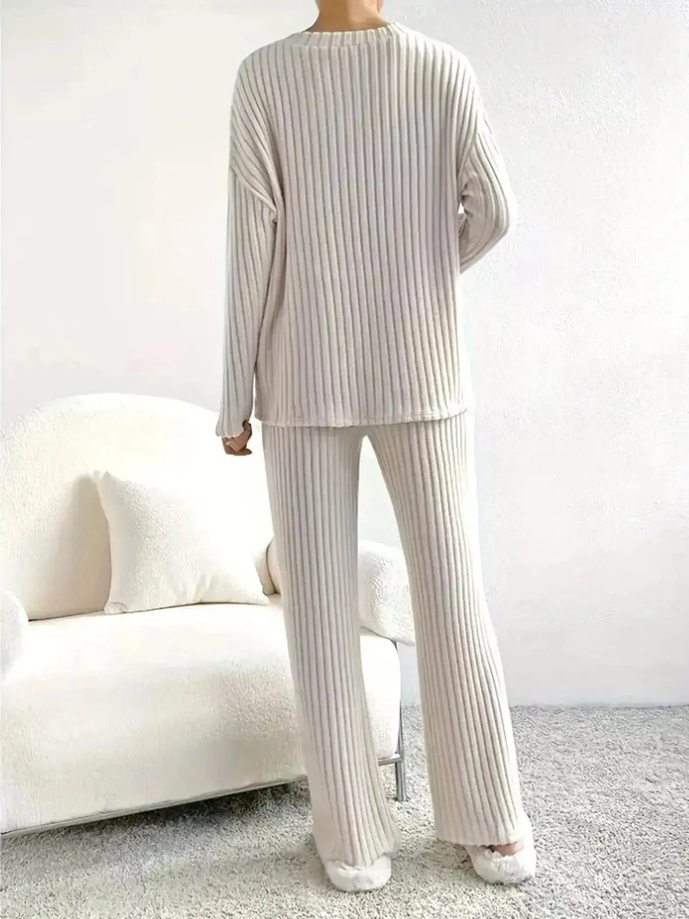 Ribbed Knit V-Neck Top and Pants Set - Plush Fashion Hub