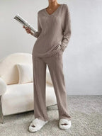 Ribbed Knit V-Neck Top and Pants Set - Plush Fashion Hub