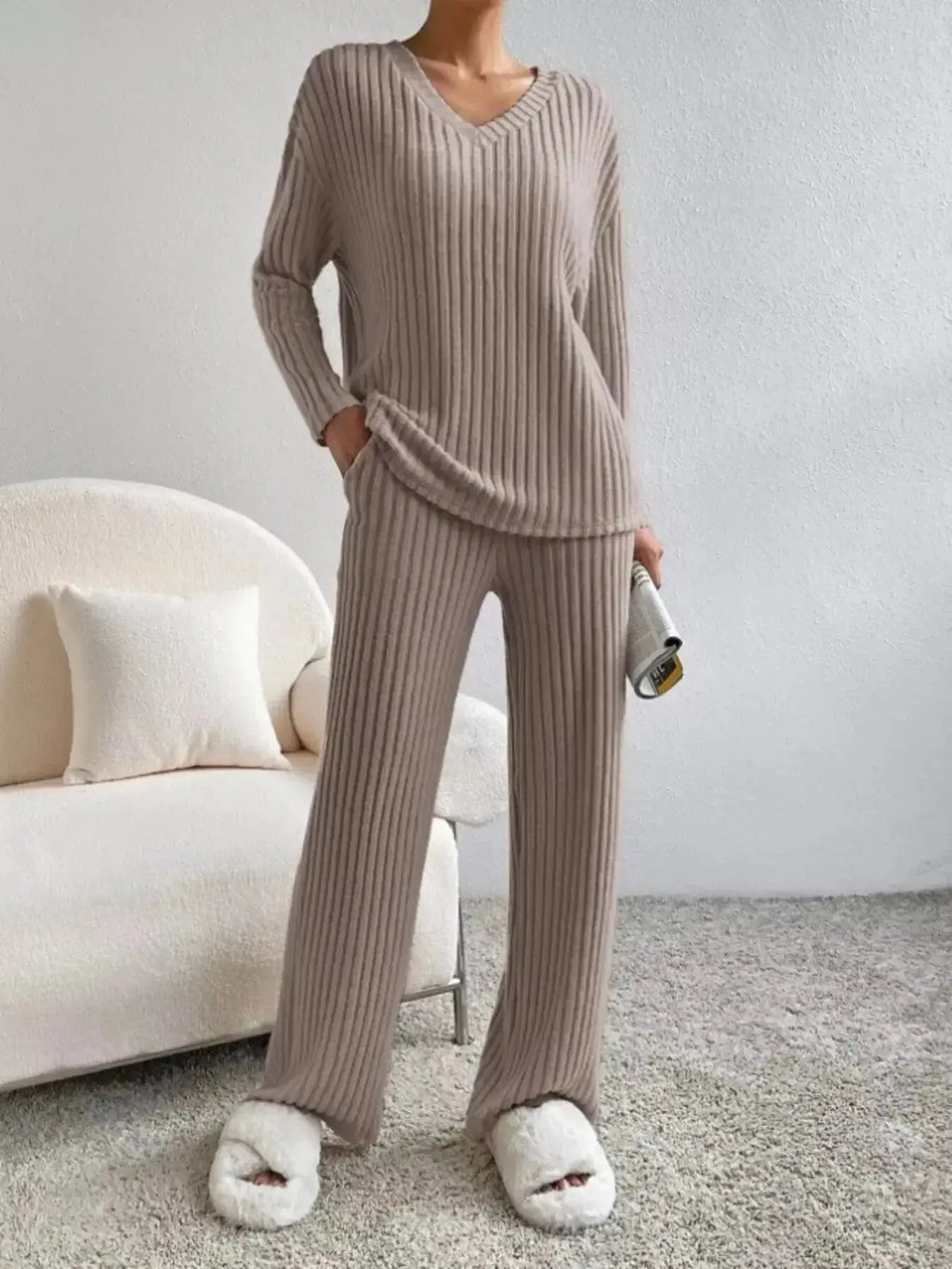 Ribbed Knit V-Neck Top and Pants Set - Plush Fashion Hub