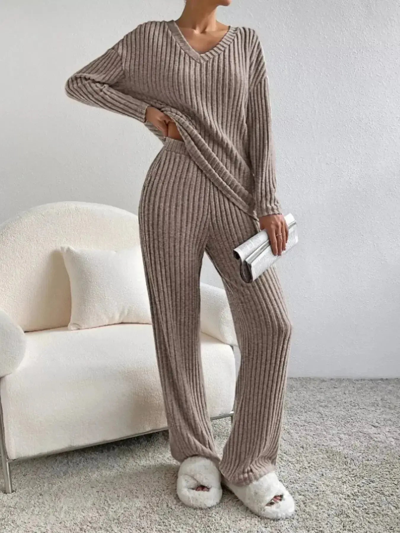 Ribbed Knit V-Neck Top and Pants Set - Plush Fashion Hub