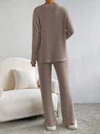 Ribbed Knit V-Neck Top and Pants Set - Plush Fashion Hub