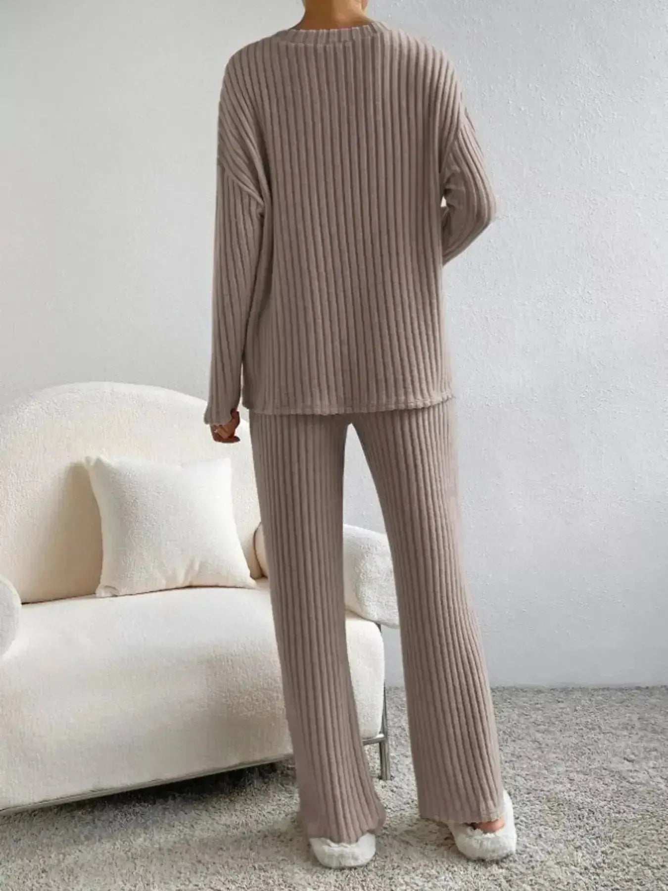 Ribbed Knit V-Neck Top and Pants Set - Plush Fashion Hub
