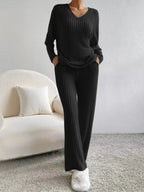Ribbed Knit V-Neck Top and Pants Set - Plush Fashion Hub