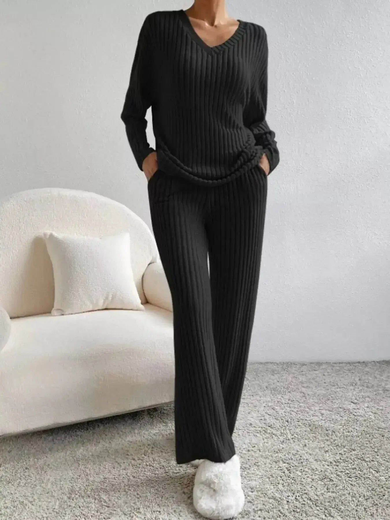 Ribbed Knit V-Neck Top and Pants Set - Plush Fashion Hub