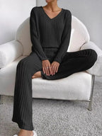 Ribbed Knit V-Neck Top and Pants Set - Plush Fashion Hub