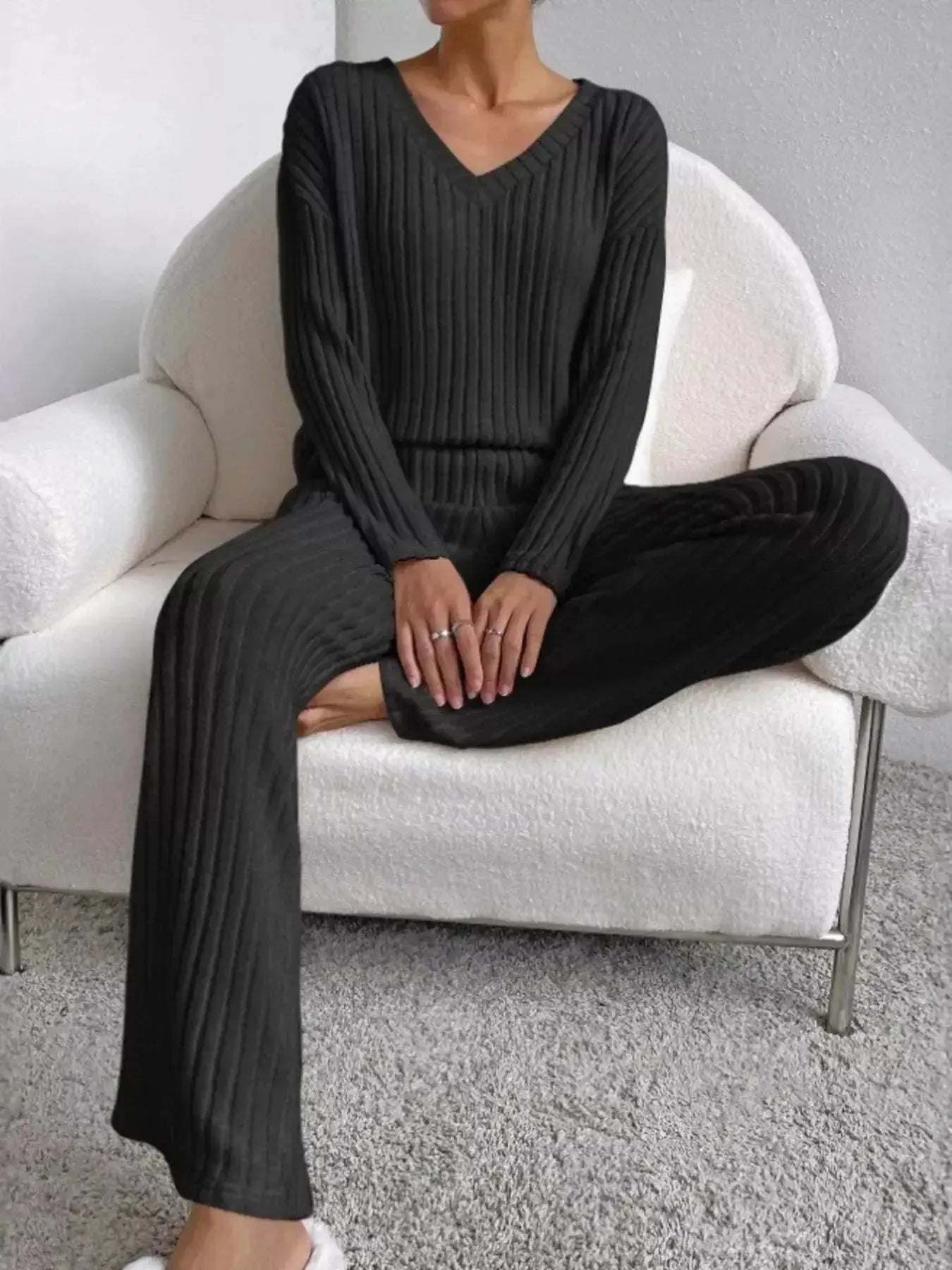 Ribbed Knit V-Neck Top and Pants Set - Plush Fashion Hub