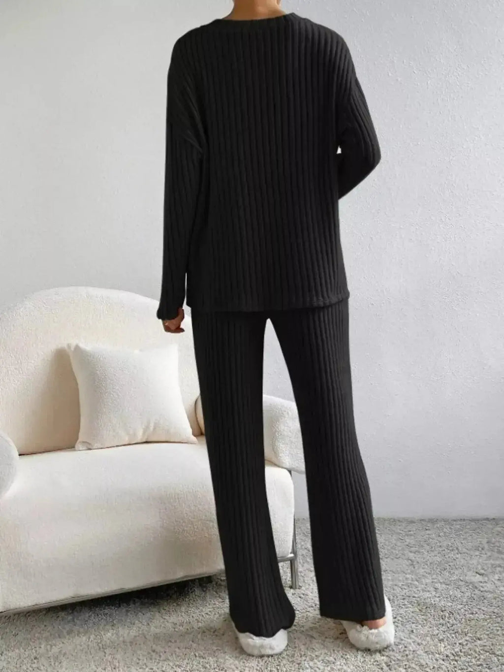Ribbed Knit V-Neck Top and Pants Set - Plush Fashion Hub