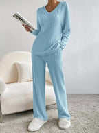 Ribbed Knit V-Neck Top and Pants Set - Plush Fashion Hub