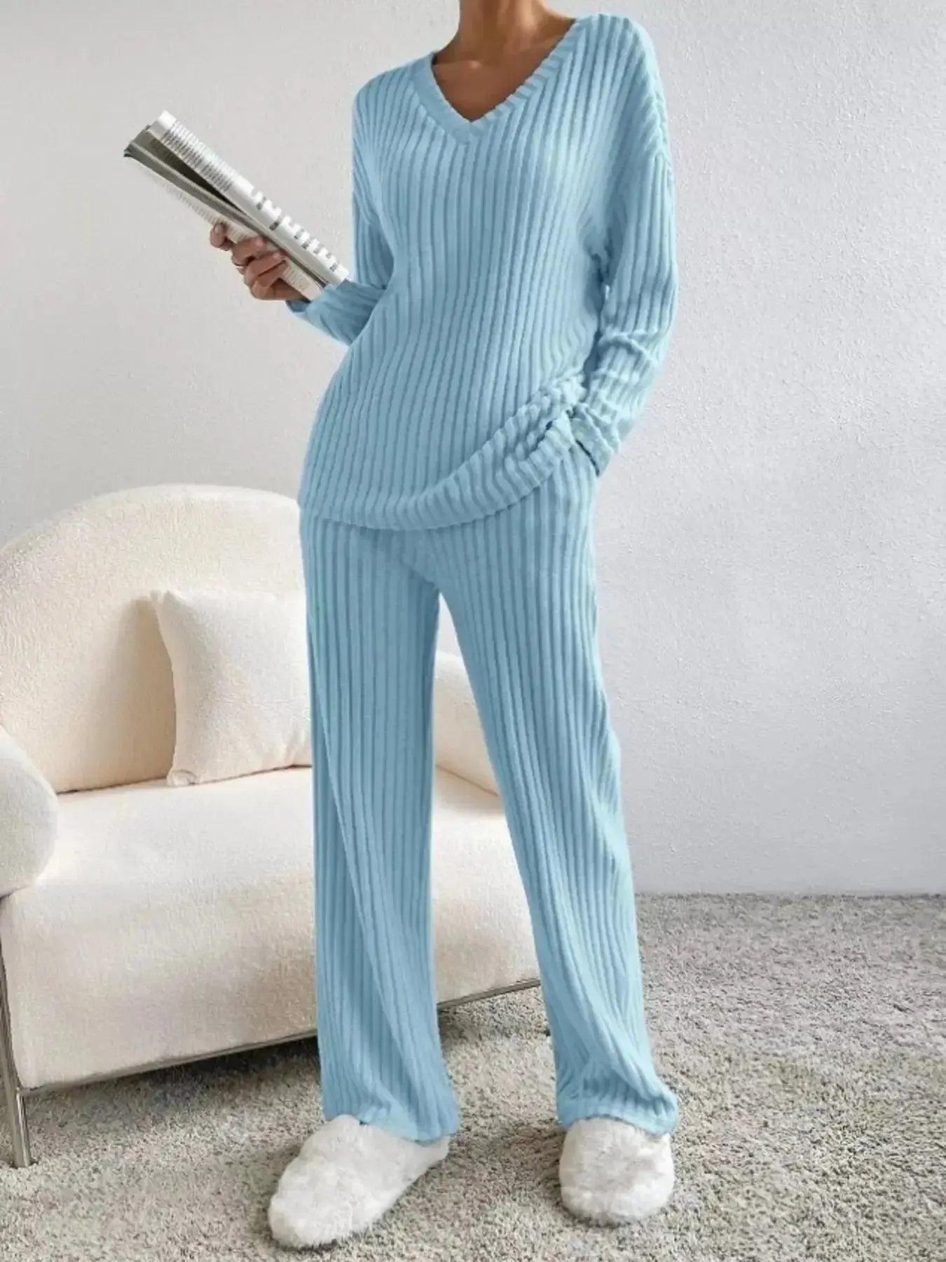 Ribbed Knit V-Neck Top and Pants Set - Plush Fashion Hub