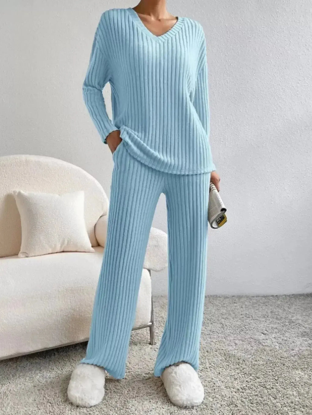 Ribbed Knit V-Neck Top and Pants Set - Plush Fashion Hub