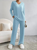 Ribbed Knit V-Neck Top and Pants Set - Plush Fashion Hub