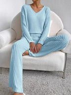 Ribbed Knit V-Neck Top and Pants Set - Plush Fashion Hub