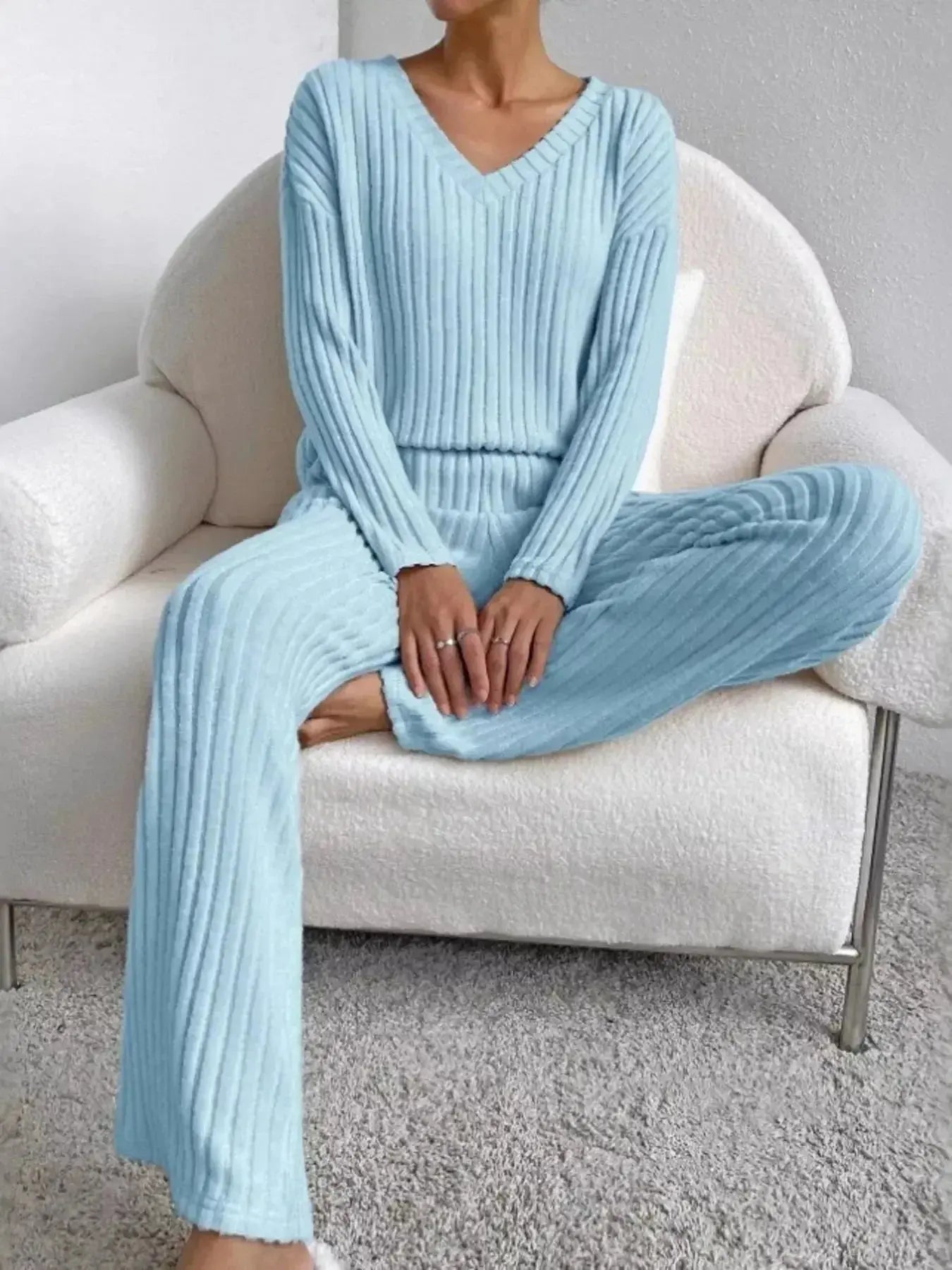 Ribbed Knit V-Neck Top and Pants Set - Plush Fashion Hub