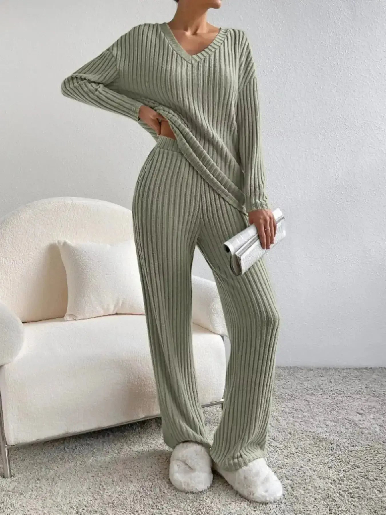 Ribbed Knit V-Neck Top and Pants Set - Plush Fashion Hub