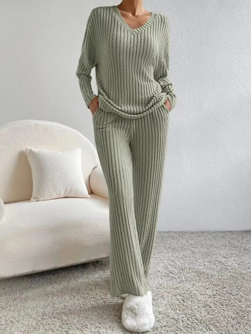 Ribbed Knit V-Neck Top and Pants Set - Plush Fashion Hub