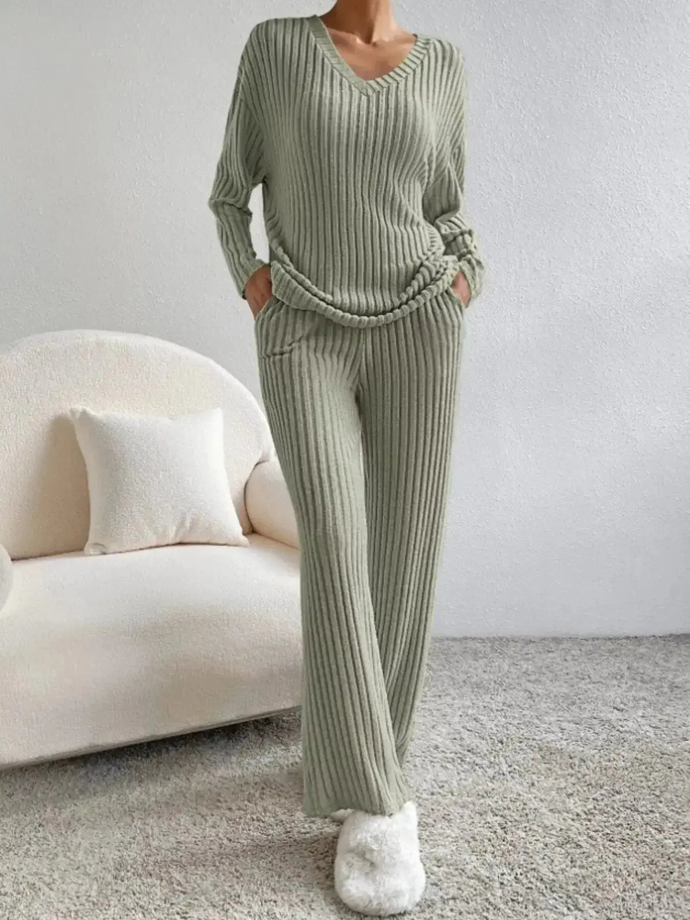 Ribbed Knit V-Neck Top and Pants Set - Plush Fashion Hub