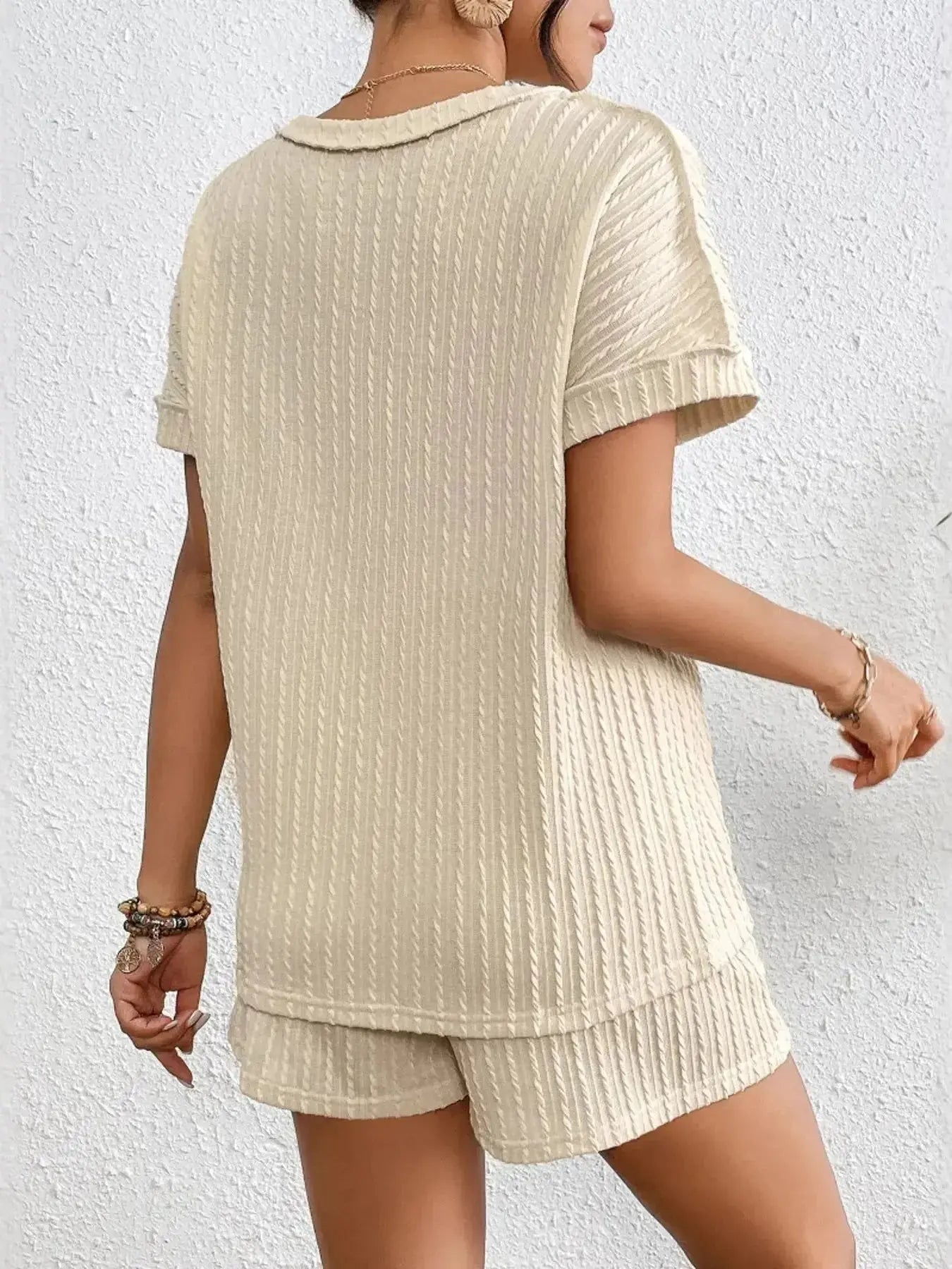 Texture Round Neck Top and Shorts Lounge Set - Plush Fashion Hub