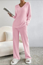 Ribbed V-Neck Top and Pants Lounge Set - Plush Fashion Hub