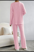 Ribbed V-Neck Top and Pants Lounge Set - Plush Fashion Hub