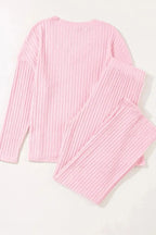 Ribbed V-Neck Top and Pants Lounge Set - Plush Fashion Hub