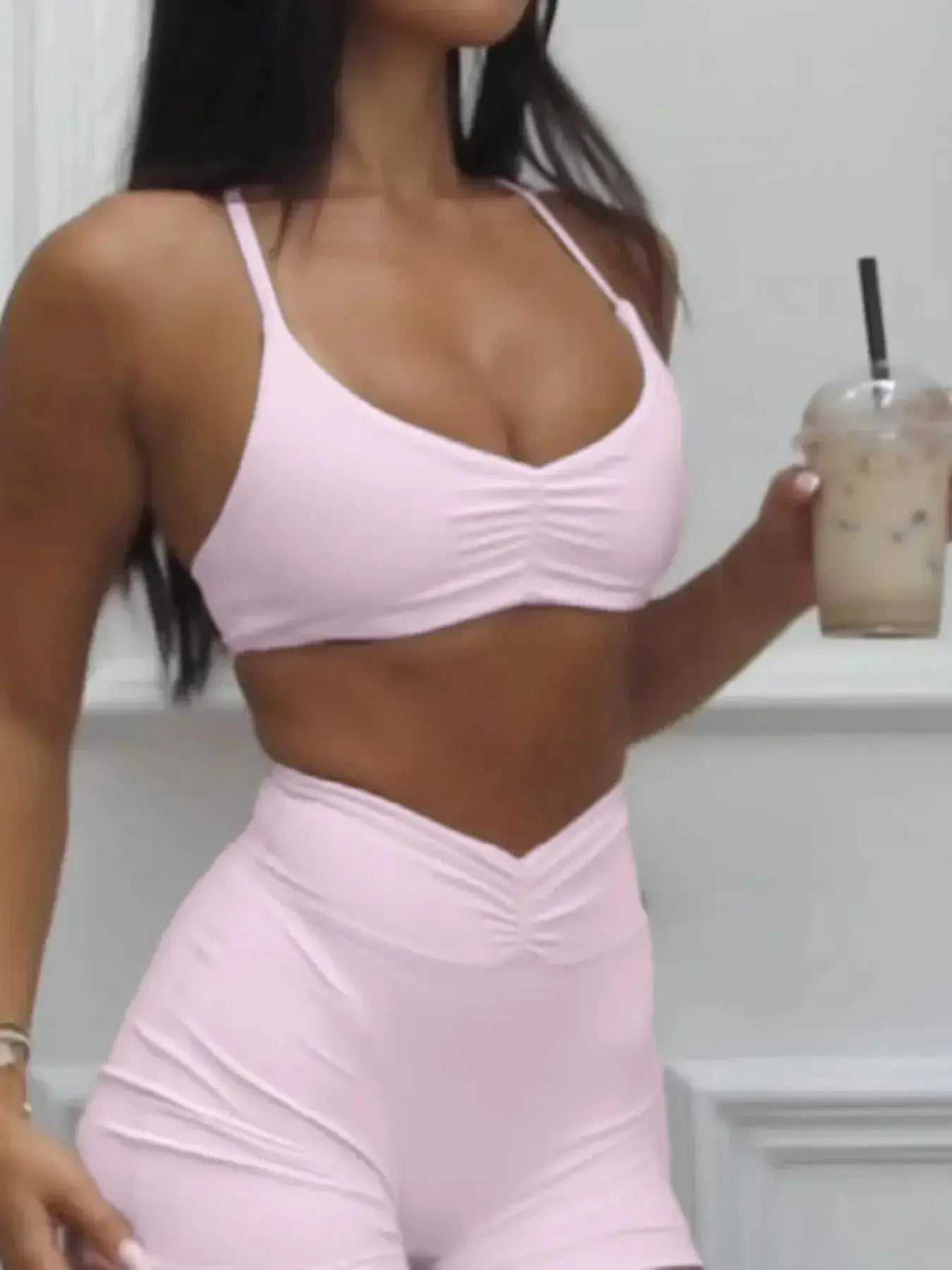 Ruched Sports Bra and High-Waisted Shorts Active Set - Plush Fashion Hub