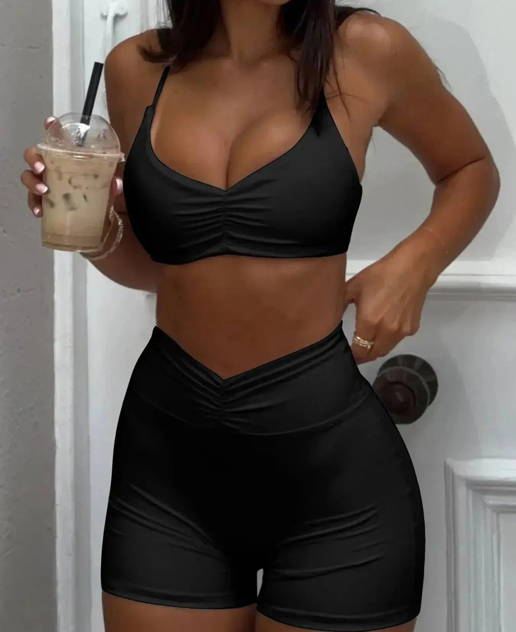 Ruched Sports Bra and High-Waisted Shorts Active Set - Plush Fashion Hub