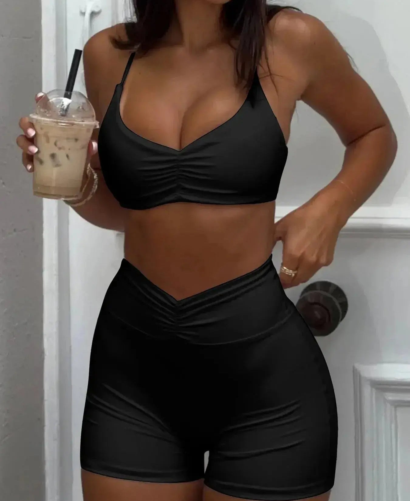 Ruched Sports Bra and High-Waisted Shorts Active Set - Plush Fashion Hub