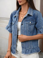 Raw Hem Button Up Denim Jacket - Plush Fashion Hub