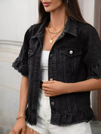 Raw Hem Button Up Denim Jacket - Plush Fashion Hub