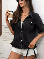 Raw Hem Button Up Denim Jacket - Plush Fashion Hub