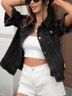 Raw Hem Button Up Denim Jacket - Plush Fashion Hub