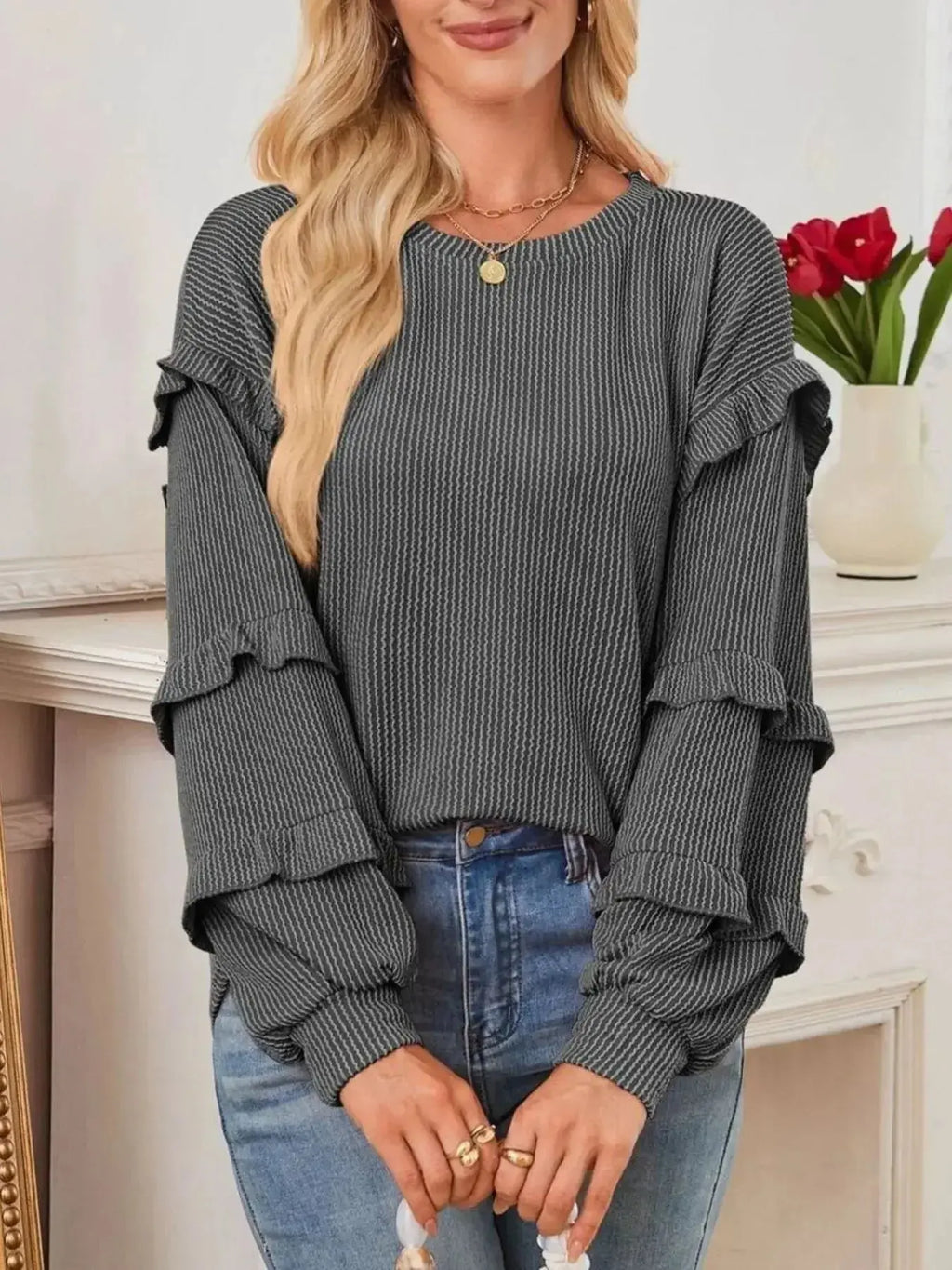 Ruffled Round Neck Long Sleeve Sweatshirt - Plush Fashion Hub