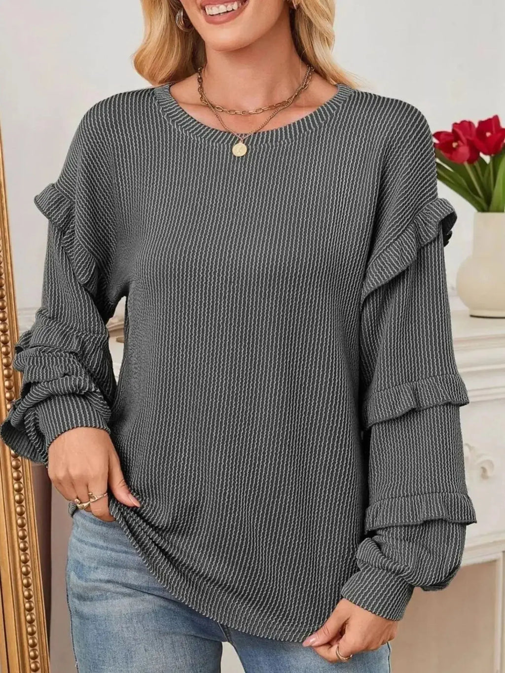 Ruffled Round Neck Long Sleeve Sweatshirt - Plush Fashion Hub