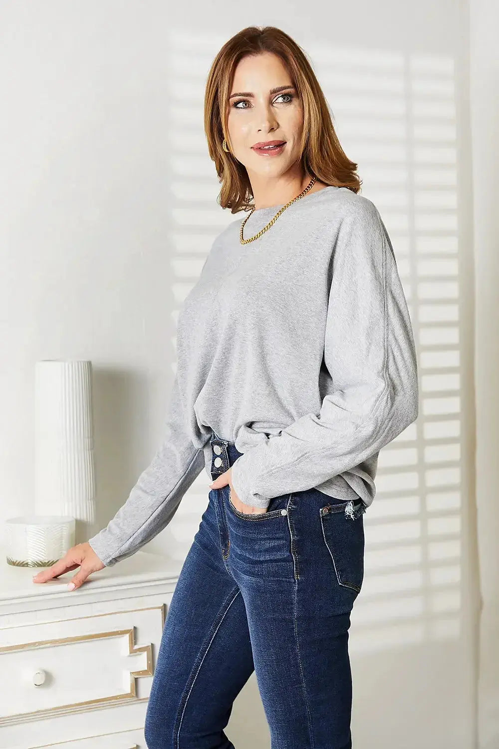 Double Take Seam Detail Round Neck Long Sleeve Top - Plush Fashion Hub