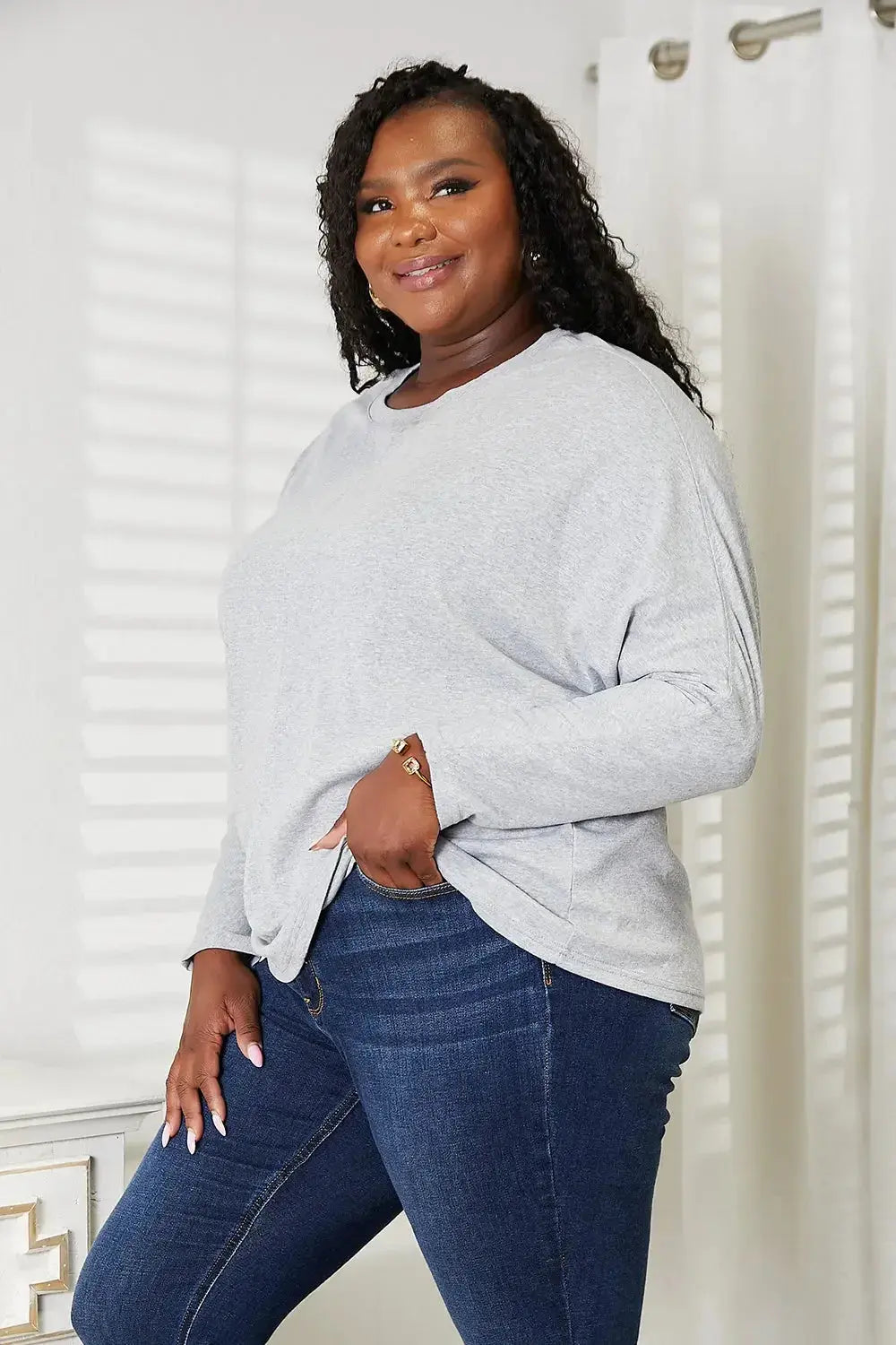 Double Take Seam Detail Round Neck Long Sleeve Top - Plush Fashion Hub