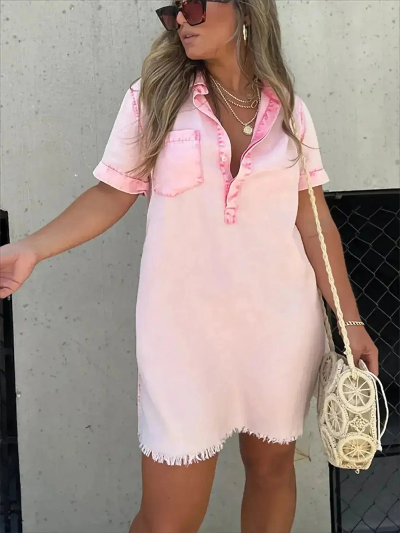 Full Size Raw Hem Short Sleeve Denim Dress Plus Size - Plush Fashion Hub