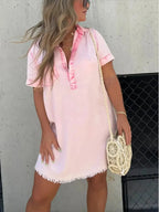 Full Size Raw Hem Short Sleeve Denim Dress Plus Size - Plush Fashion Hub