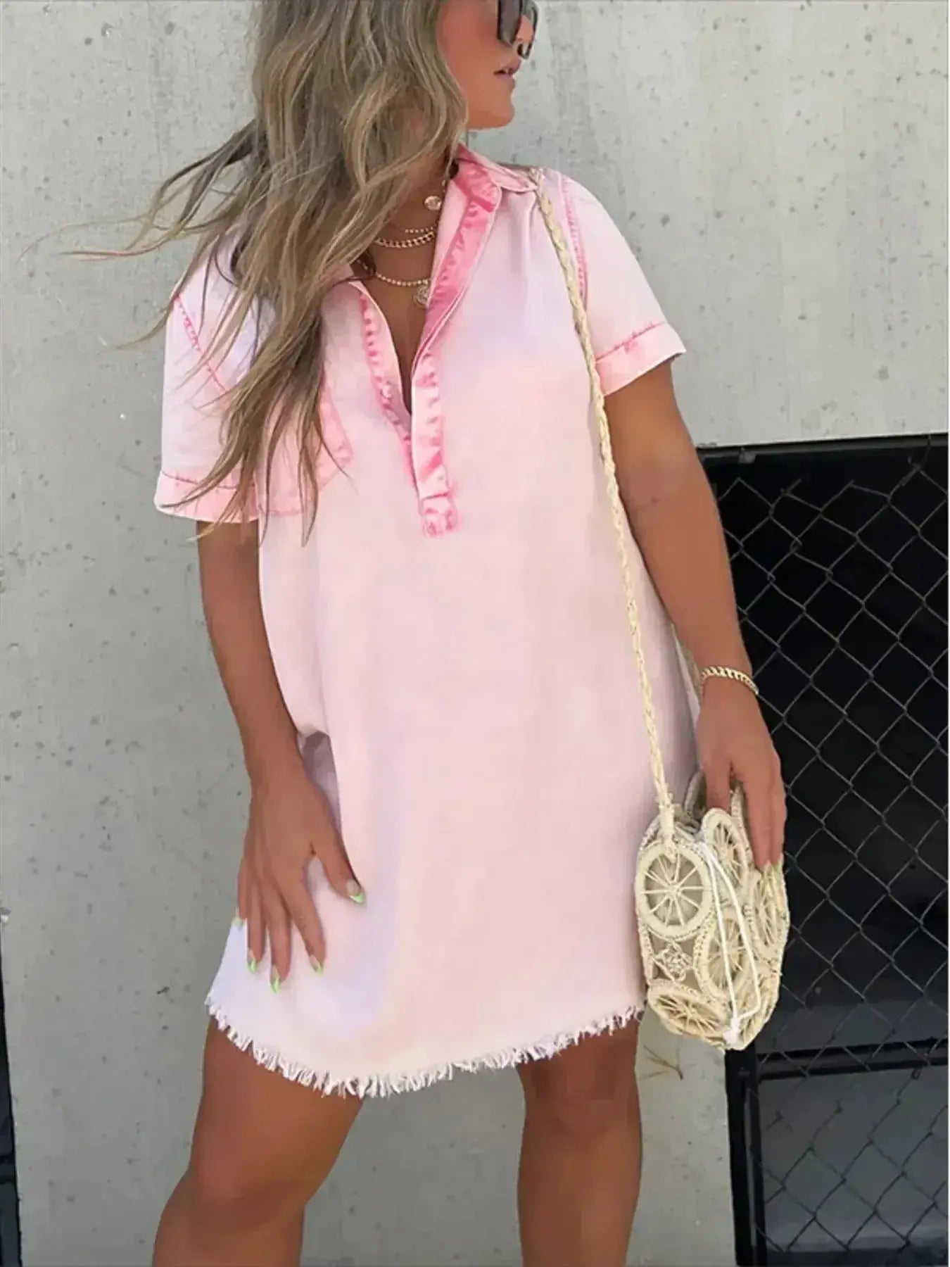 Full Size Raw Hem Short Sleeve Denim Dress Plus Size - Plush Fashion Hub