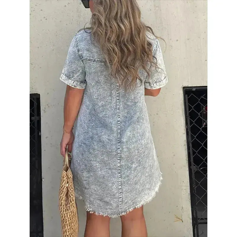 Full Size Raw Hem Short Sleeve Denim Dress Plus Size - Plush Fashion Hub