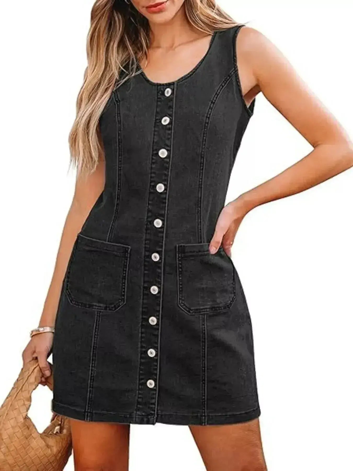 Button-Front Sleeveless Denim Dress - Plush Fashion Hub