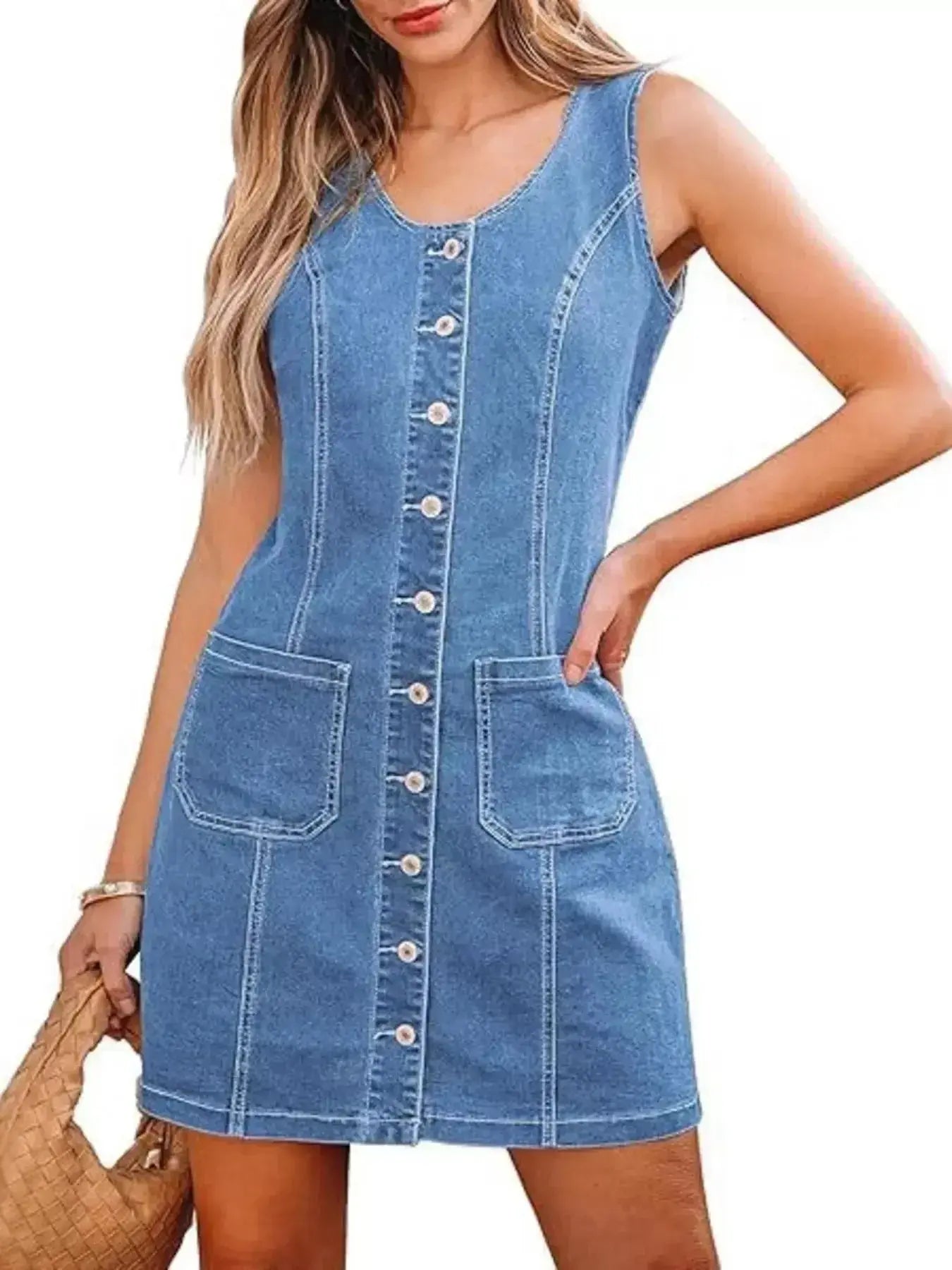 Button-Front Sleeveless Denim Dress - Plush Fashion Hub