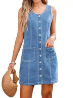 Button-Front Sleeveless Denim Dress - Plush Fashion Hub