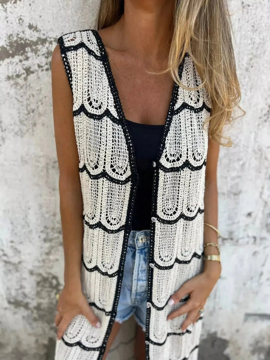 Sleeveless Crochet Longline Cardigan - Plush Fashion Hub