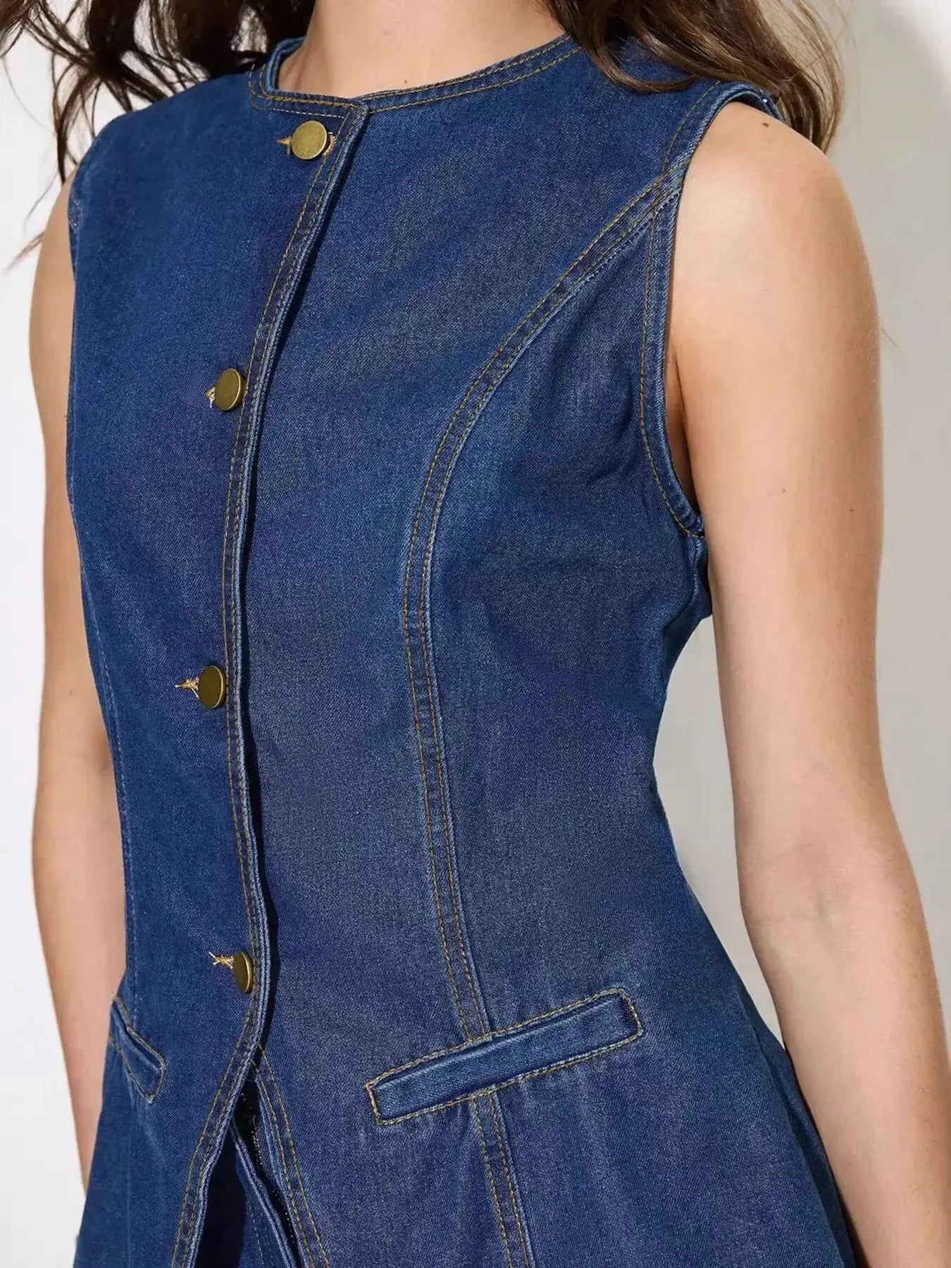 Button Up Sleeveless Denim Top and Shorts Set - Plush Fashion Hub
