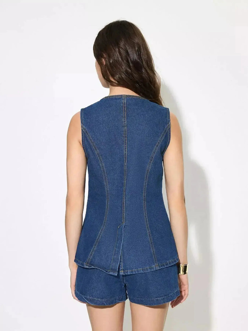 Button Up Sleeveless Denim Top and Shorts Set - Plush Fashion Hub